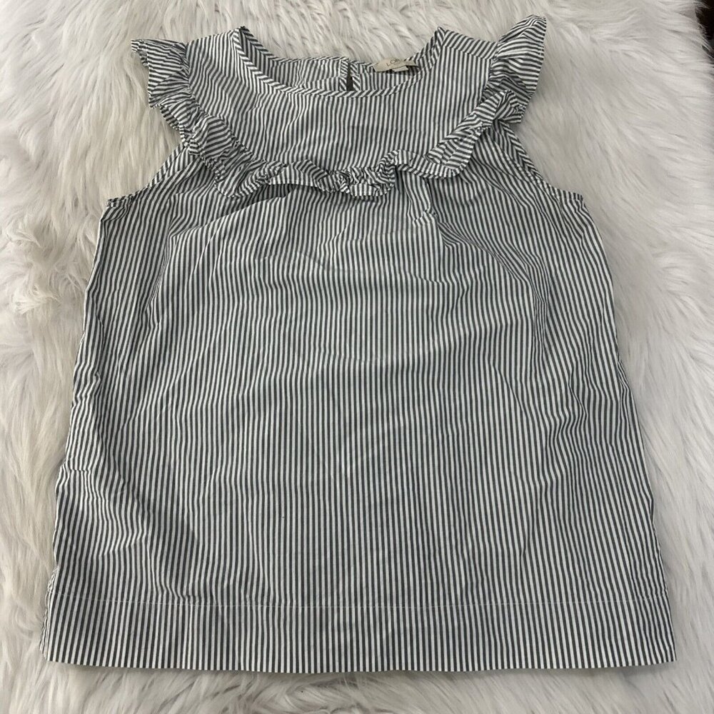 Ann Taylor LOFT womens gray striped top M ruffle accent sleeveless preppy